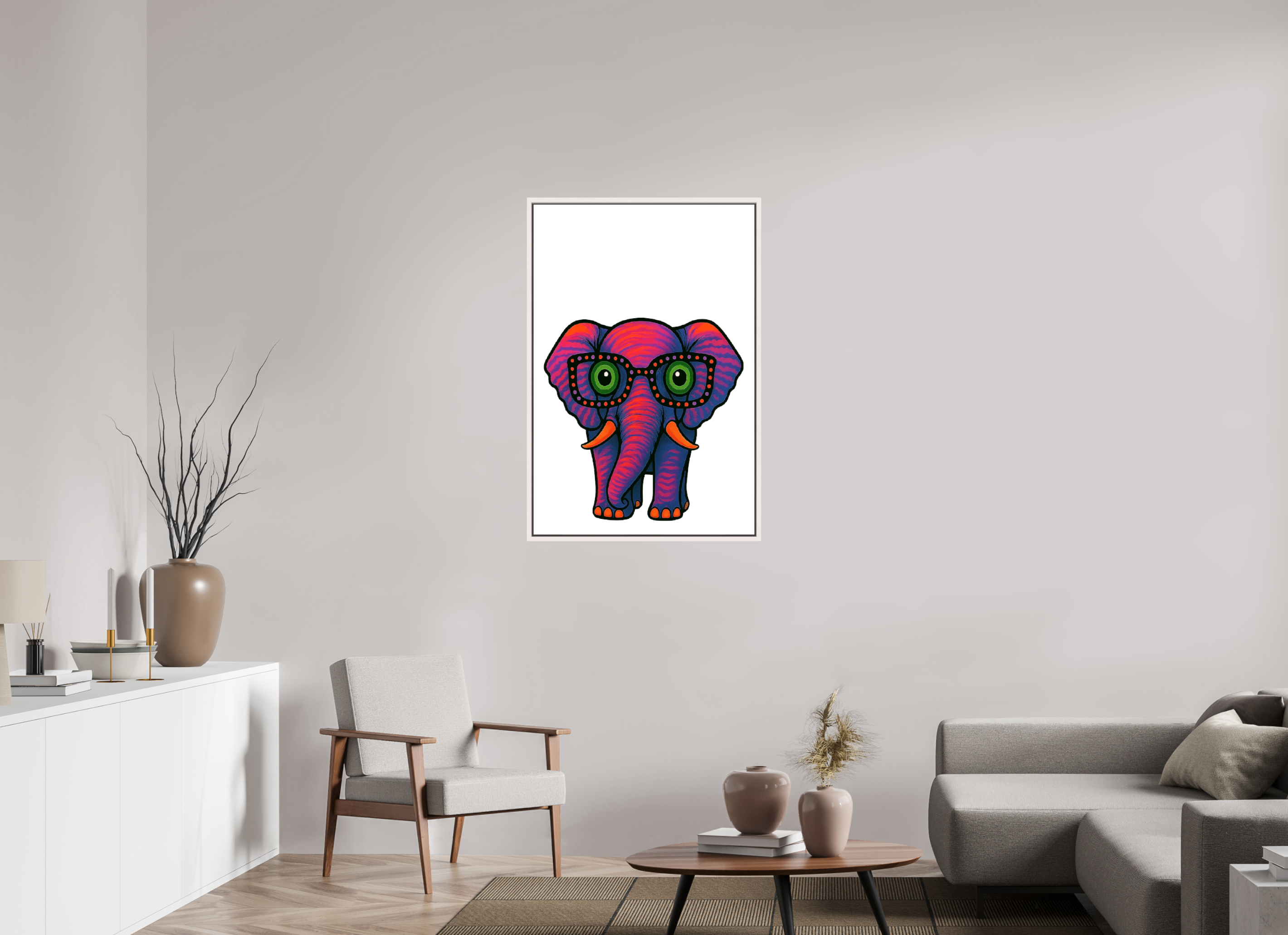 70 x 105 cm, Leinwand glänzend - Rahmen weiß 15mm 15-Elefant