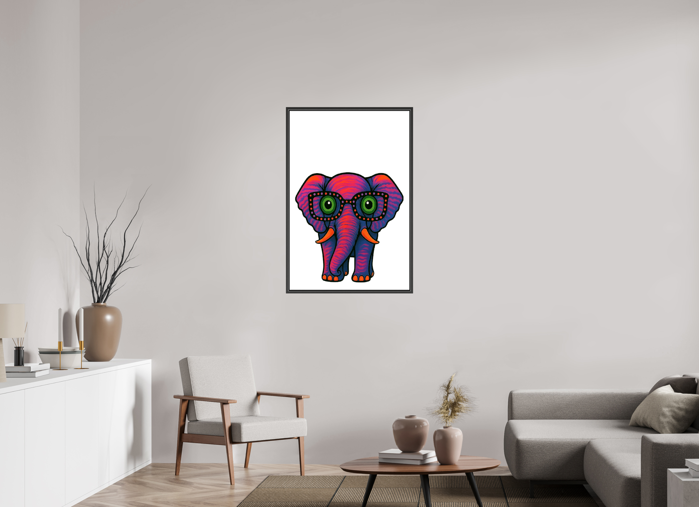 70 x 105 cm, Leinwand glänzend - Rahmen schwarz 15mm 15-Elefant