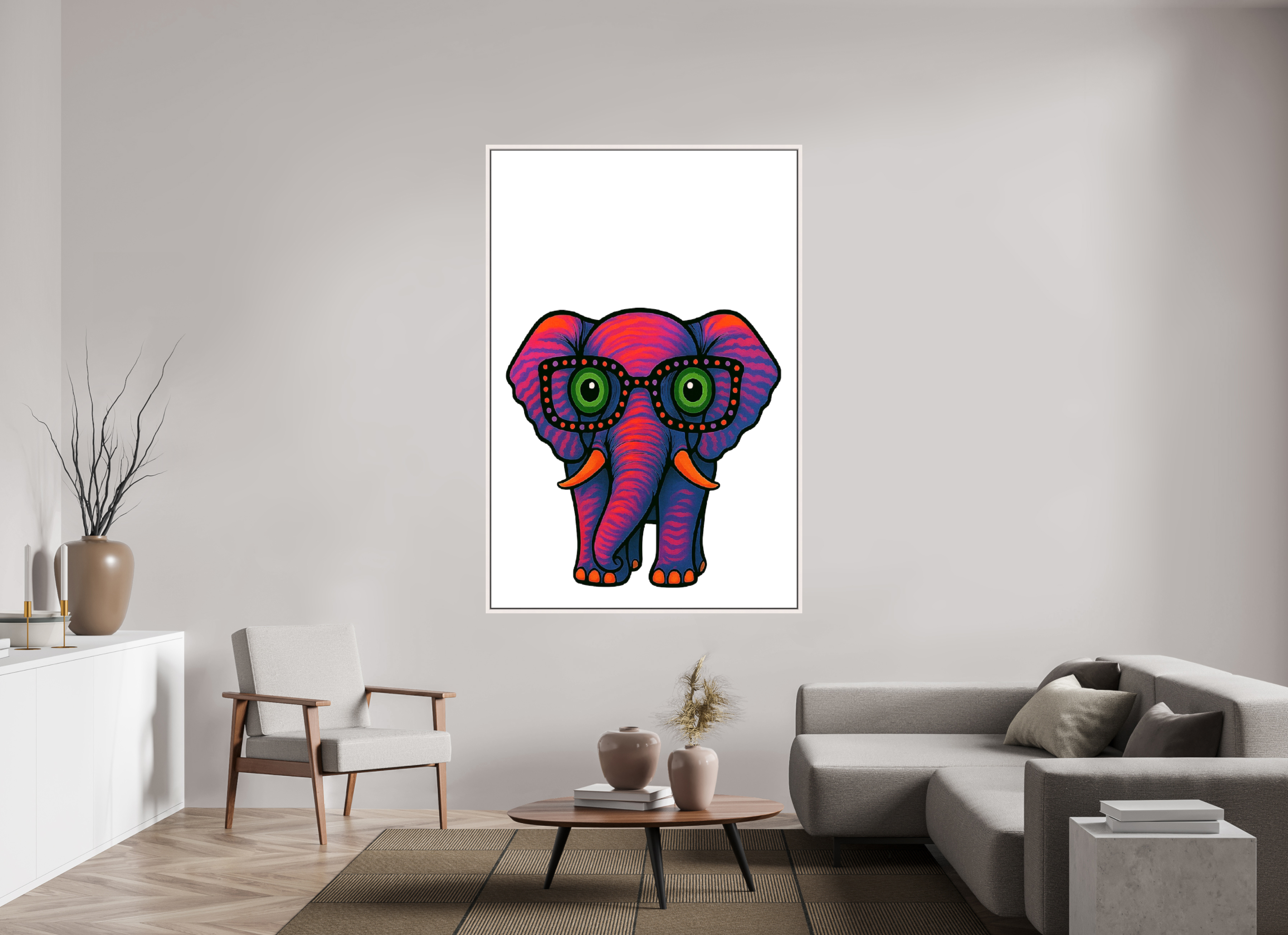 120 x 180 cm, Leinwand glänzend - Rahmen weiß 15mm 15-Elefant